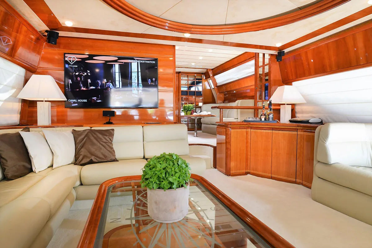 Salon of Kentavros II, a Ferretti 80 motor yacht at Kontokali, Greece
