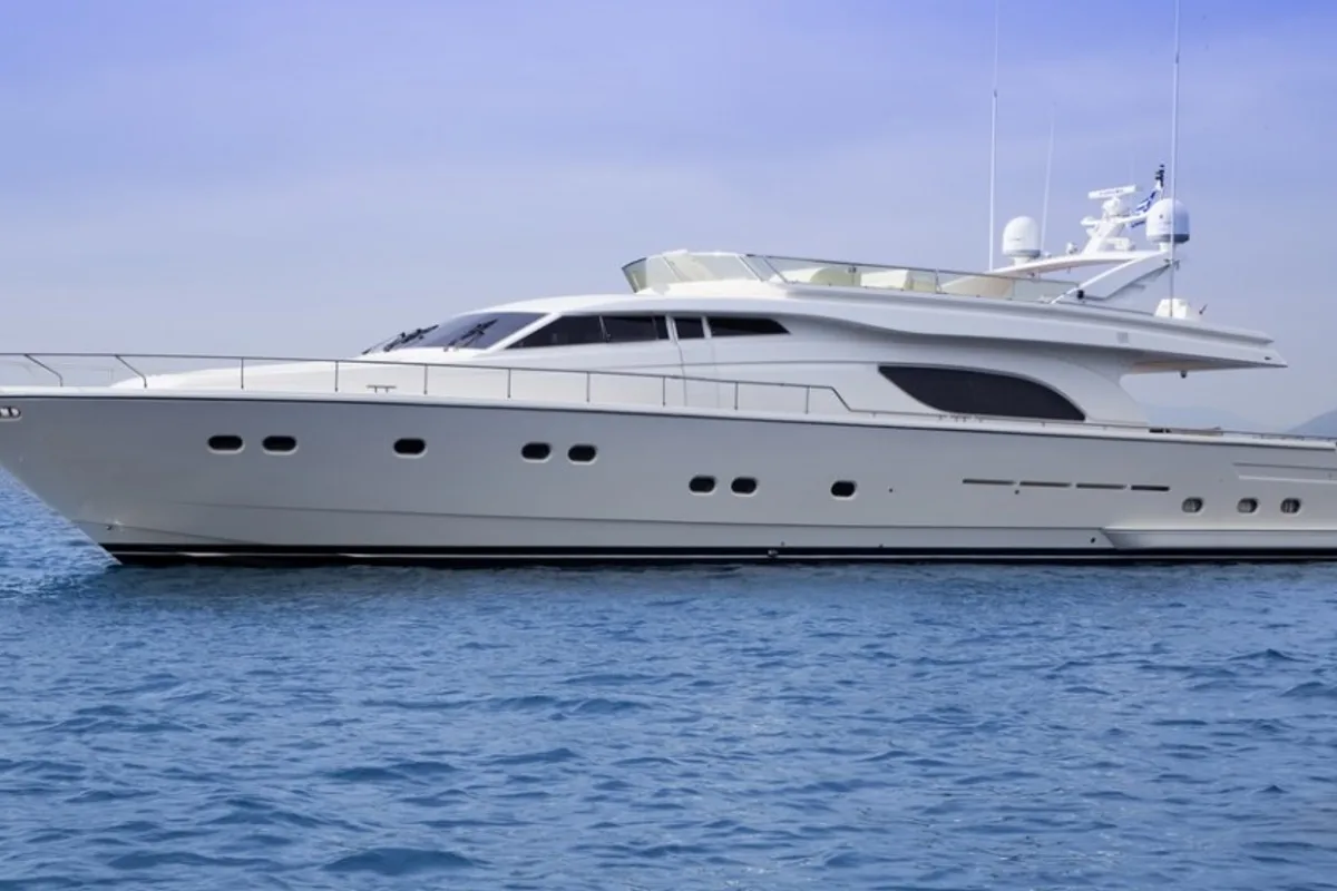 Exterior view of Kentavros II, a Ferretti 80 motor yacht at Kontokali, Greece