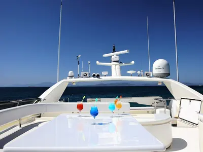 Cockpit of Kentavros II, a Ferretti 80 motor yacht at Kontokali, Greece