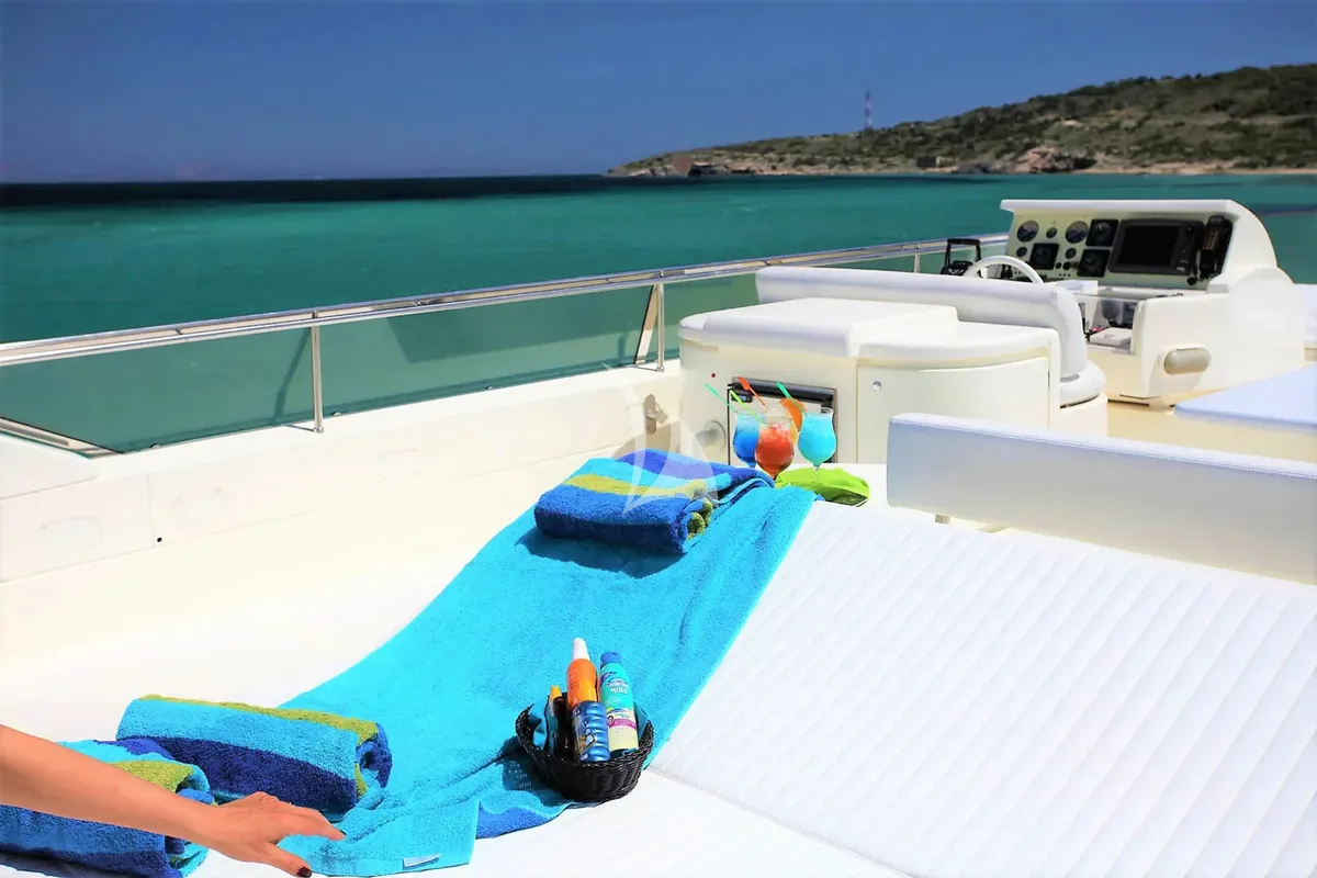 Deck of Kentavros II, a Ferretti 80 motor yacht at Kontokali, Greece