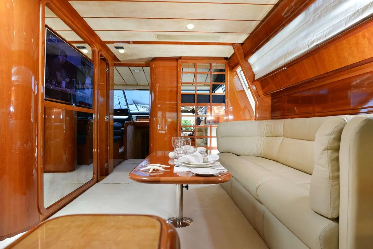 Salon of Kentavros II, a Ferretti 80 motor yacht at Kontokali, Greece