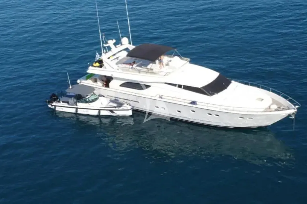 Exterior view of Kentavros II, a Ferretti 80 motor yacht at Kontokali, Greece