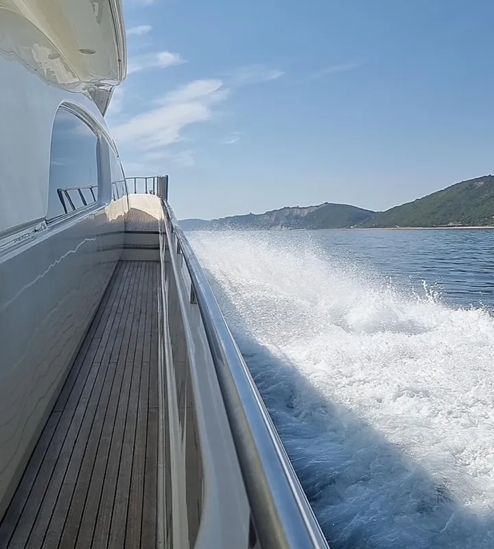 Deck of Kentavros II, a Ferretti 80 motor yacht at Kontokali, Greece