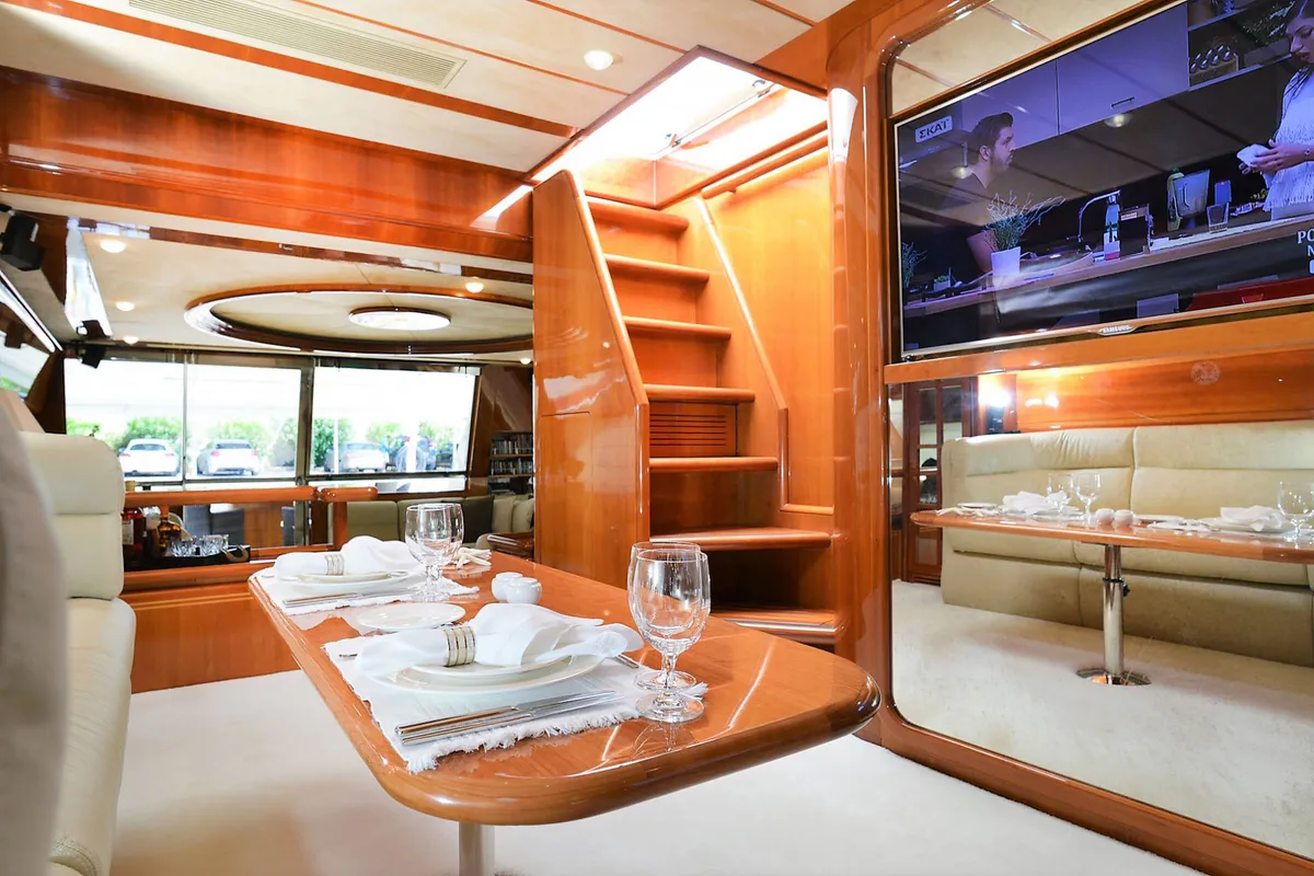 Salon of Kentavros II, a Ferretti 80 motor yacht at Kontokali, Greece