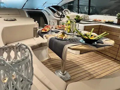 Deck of Piccerè, a Sessa C48 motorboat at Salerno, Italy
