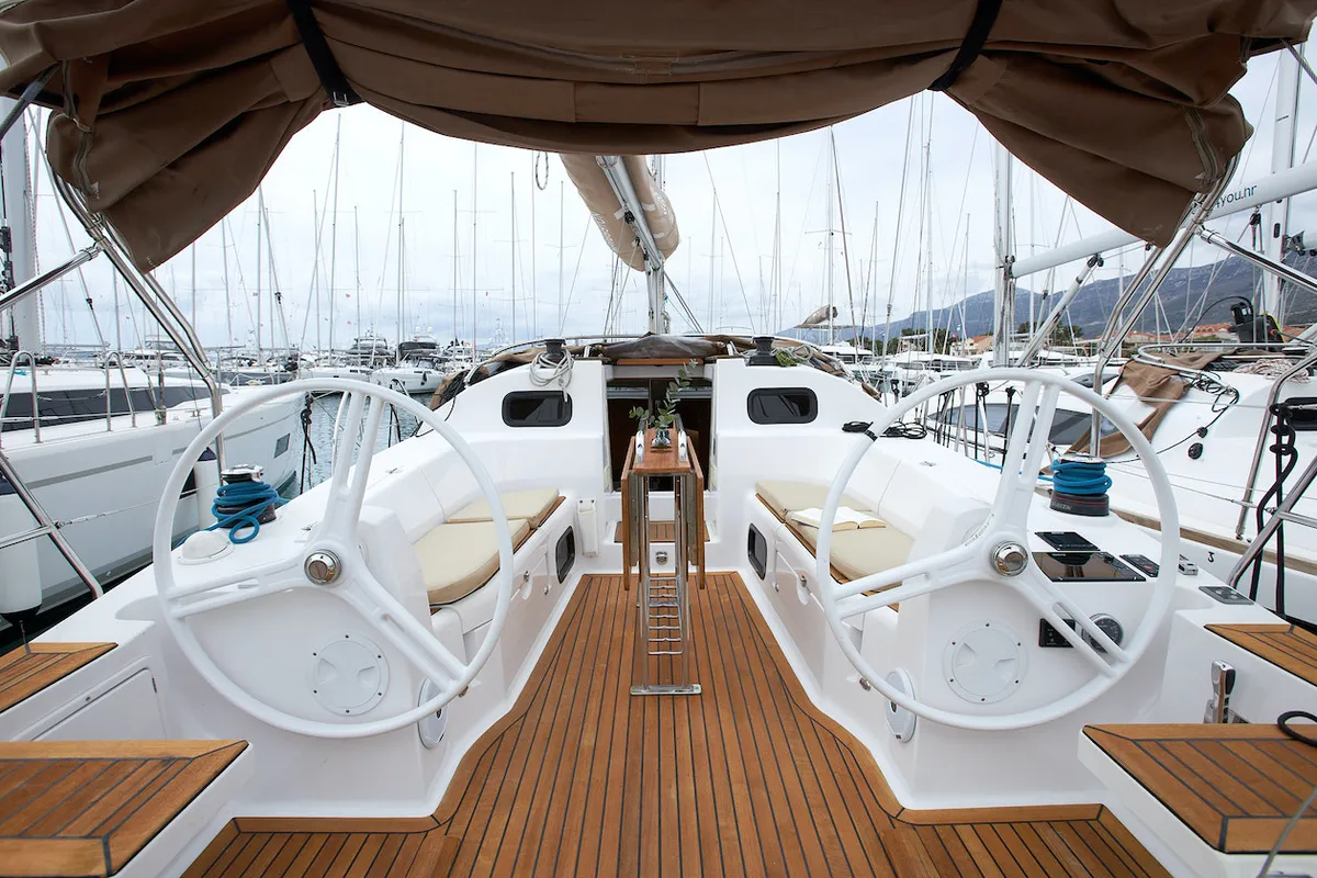 Cockpit of Iron man, a Elan Impression 40 sailboat at Grad Kaštela, Croatia