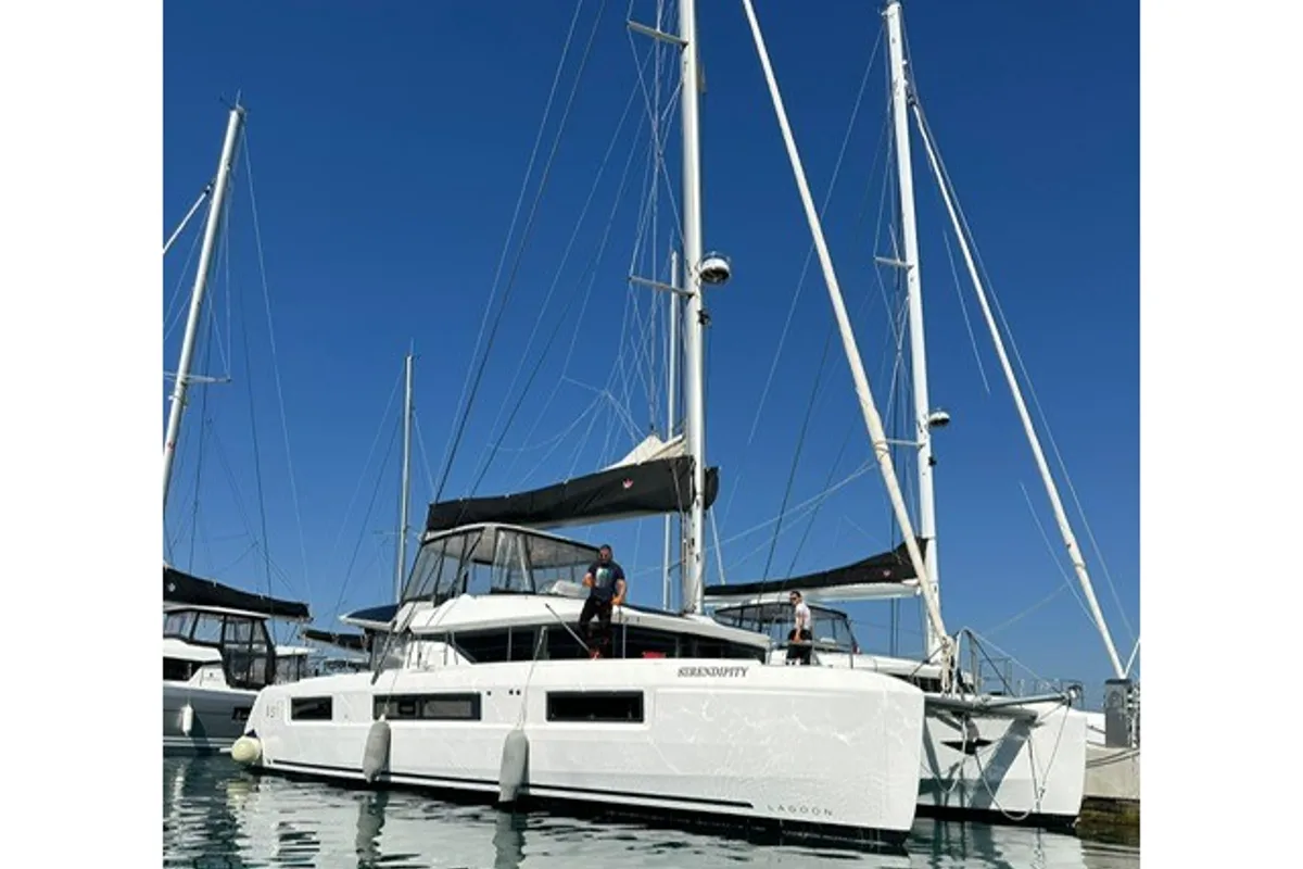 Exterior view of SERENDIPITY, a Lagoon 51 catamaran at Sukošan, Croatia