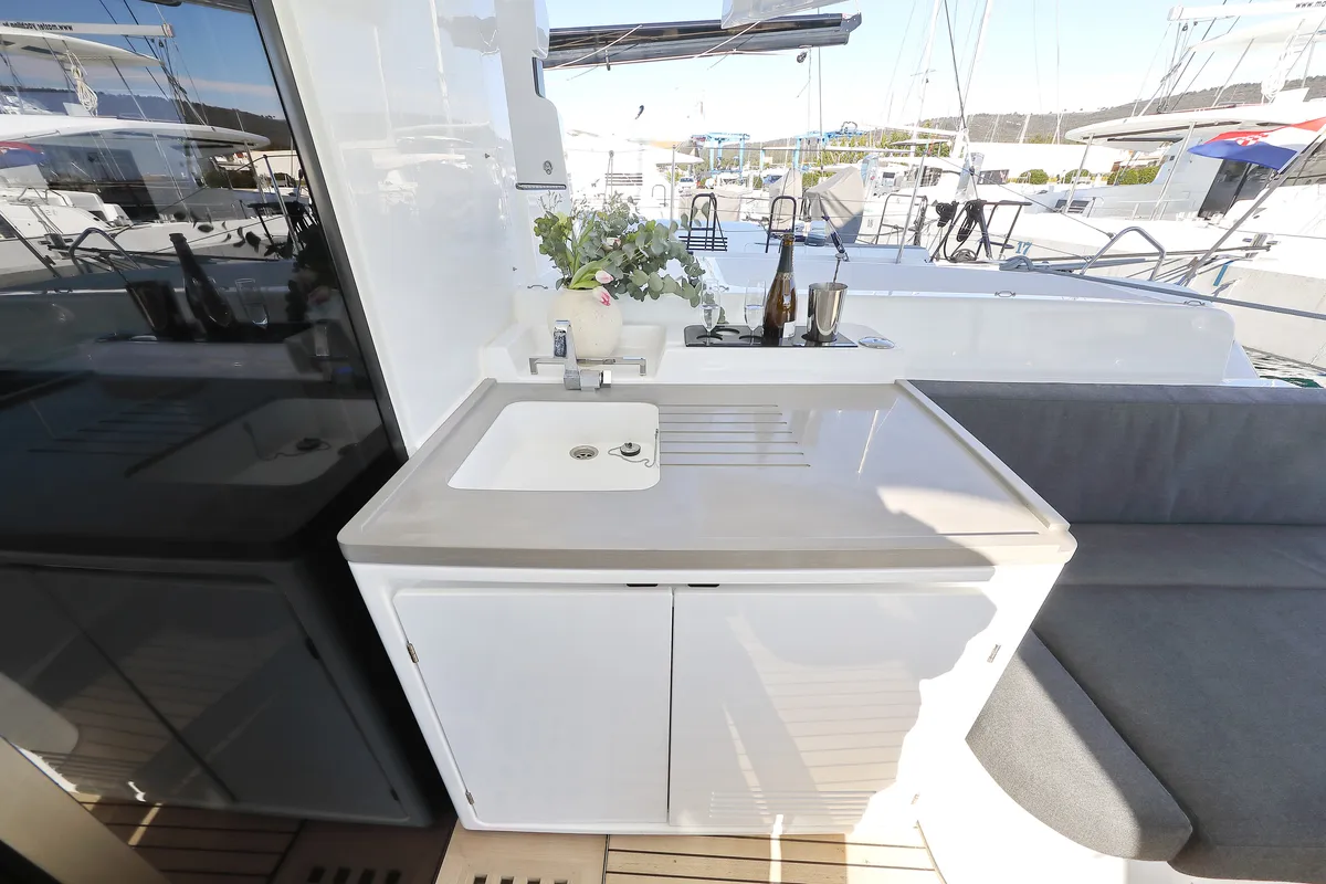 Deck of SERENDIPITY, a Lagoon 51 catamaran at Sukošan, Croatia
