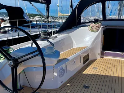 Cockpit of Loki, a Elan E6 sailboat at Pirovac, Croatia