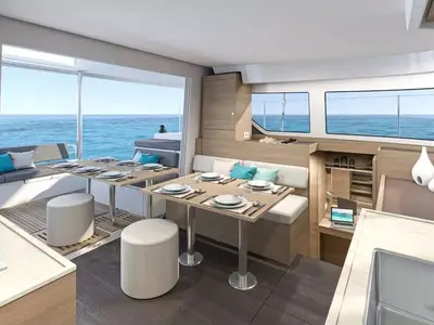 Salon of Blue Willi, a Lagoon 38 catamaran at Olbia, Italy