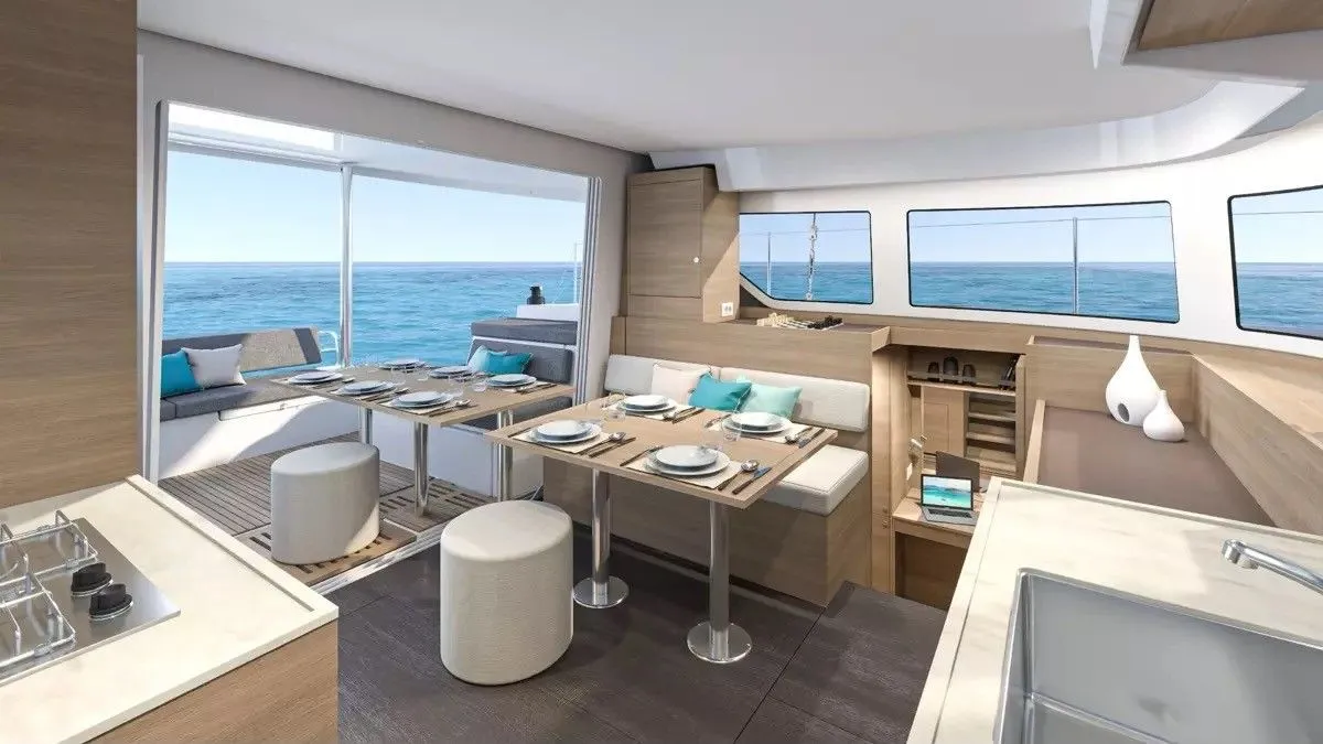 Salon of Blue Willi, a Lagoon 38 catamaran at Olbia, Italy