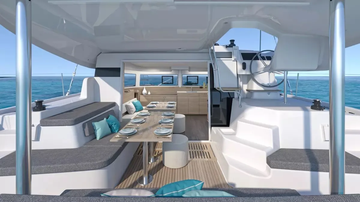 Deck of Blue Willi, a Lagoon 38 catamaran at Olbia, Italy