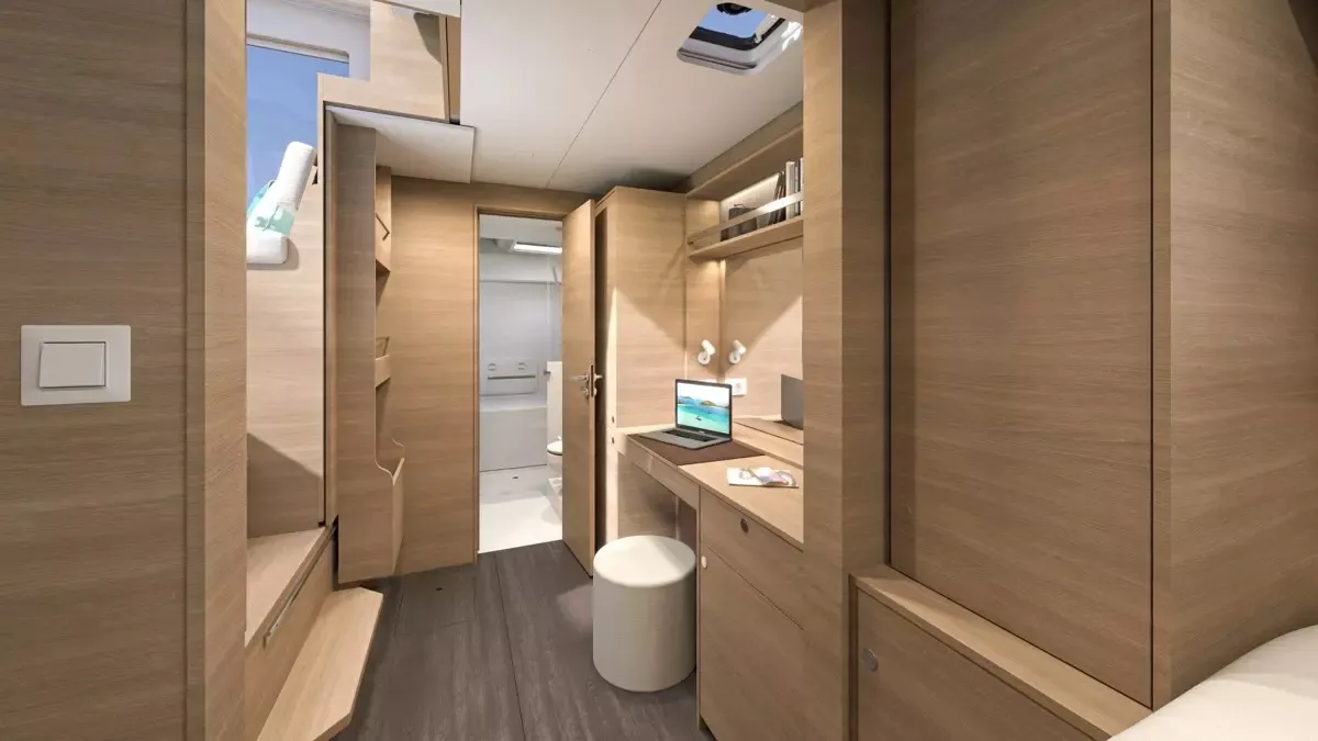 Cabin on Blue Willi, a Lagoon 38 catamaran at Olbia, Italy