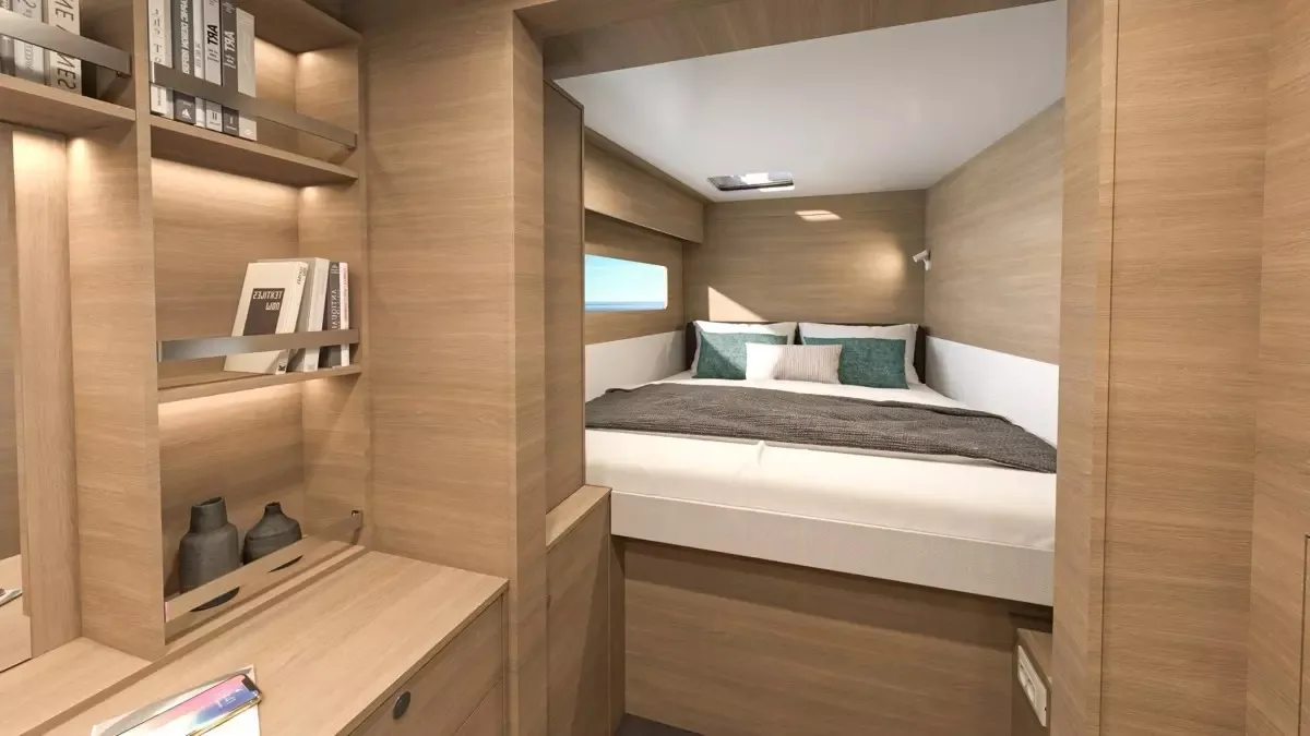 Cabin on Blue Willi, a Lagoon 38 catamaran at Olbia, Italy