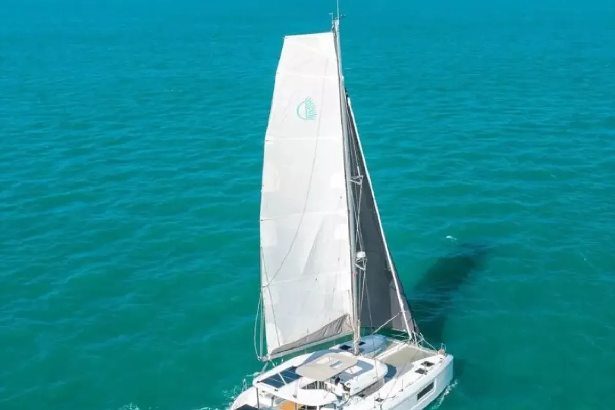 Exterior view of Blue Willi, a Lagoon 38 catamaran at Olbia, Italy