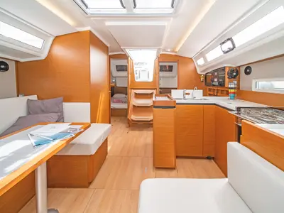 Salon of Pnoe, a Jeanneau Sun Odyssey 410 sailboat at Municipal Unit of Lefkada, Greece