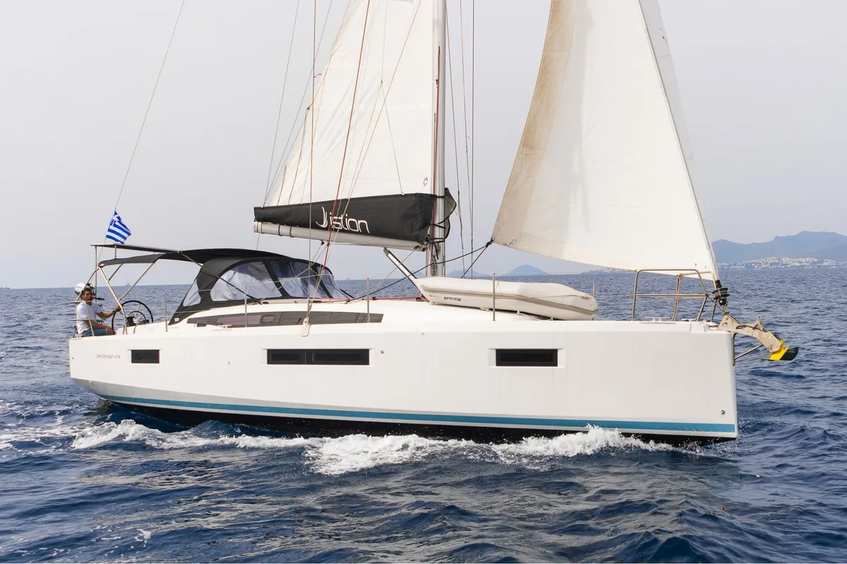 Exterior view of Pnoe, a Jeanneau Sun Odyssey 410 sailboat at Municipal Unit of Lefkada, Greece