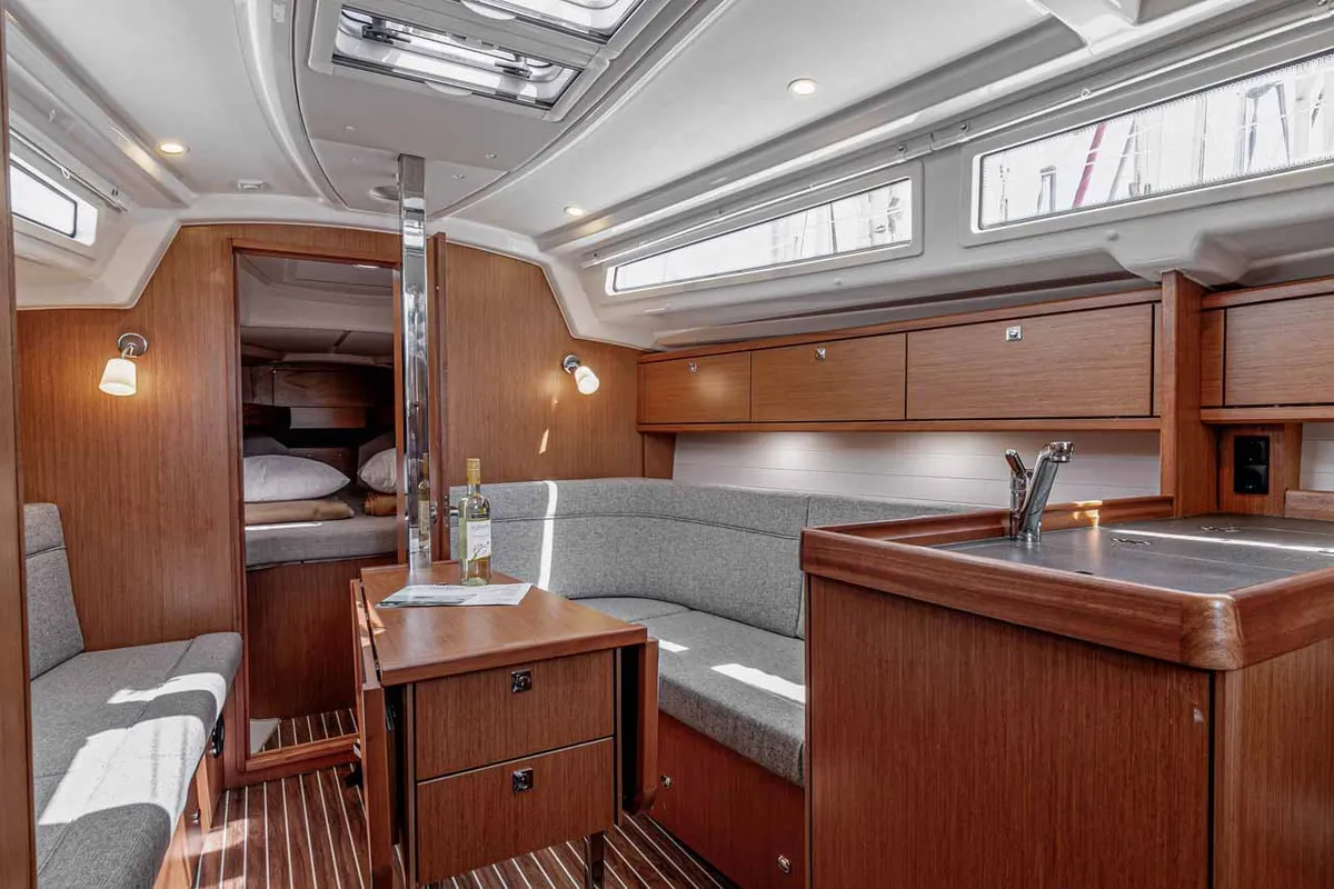 Salon of Moonrise, a Bavaria Cruiser 34 sailboat at Municipal Unit of Lefkada, Greece