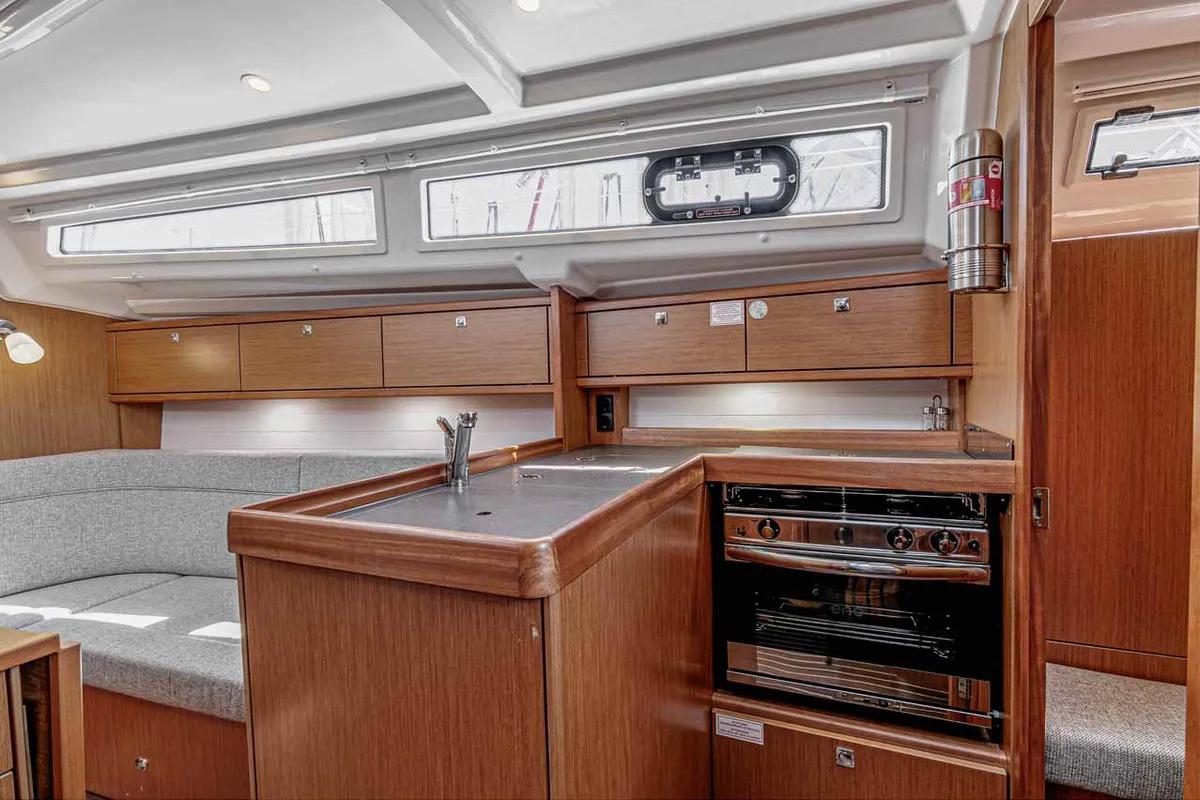 Galley of Moonrise, a Bavaria Cruiser 34 sailboat at Municipal Unit of Lefkada, Greece