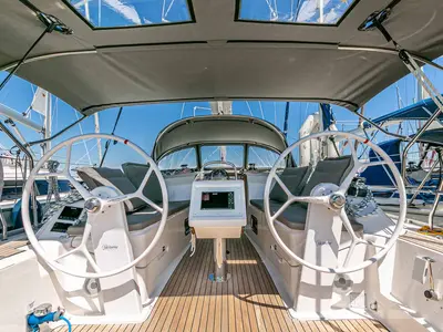Cockpit of Moonrise, a Bavaria Cruiser 34 sailboat at Municipal Unit of Lefkada, Greece