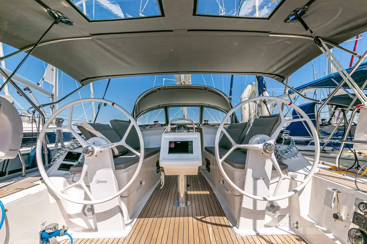 Cockpit of Moonrise, a Bavaria Cruiser 34 sailboat at Municipal Unit of Lefkada, Greece