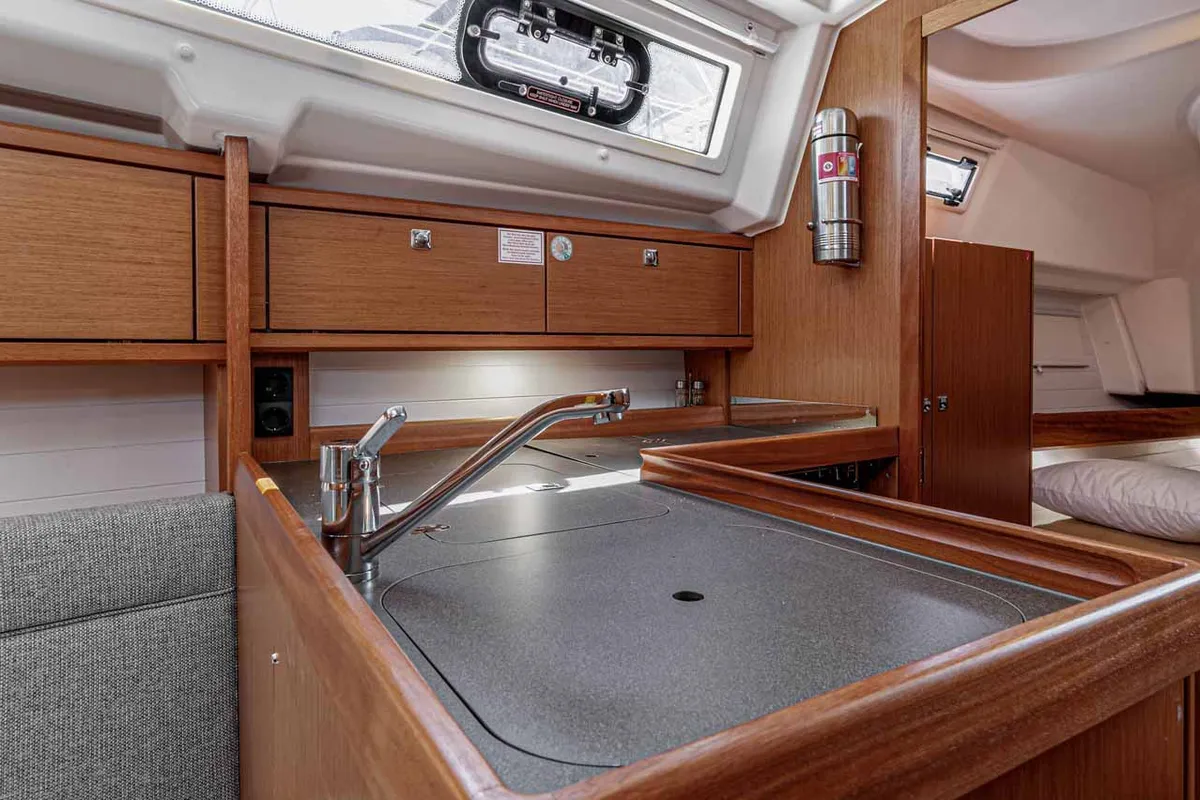 Galley of Moonrise, a Bavaria Cruiser 34 sailboat at Municipal Unit of Lefkada, Greece
