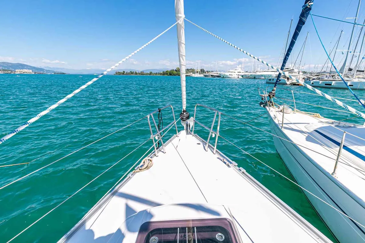 Deck of Moonrise, a Bavaria Cruiser 34 sailboat at Municipal Unit of Lefkada, Greece