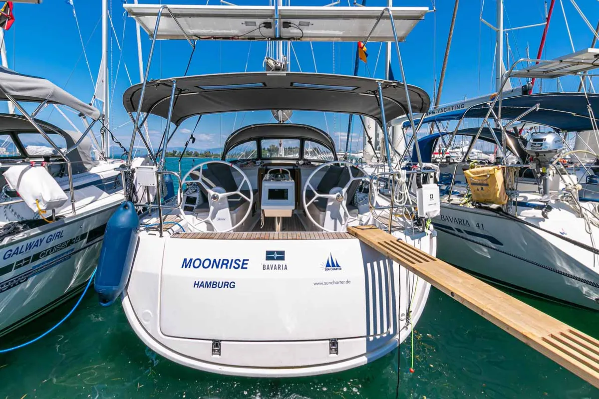 Exterior view of Moonrise, a Bavaria Cruiser 34 sailboat at Municipal Unit of Lefkada, Greece