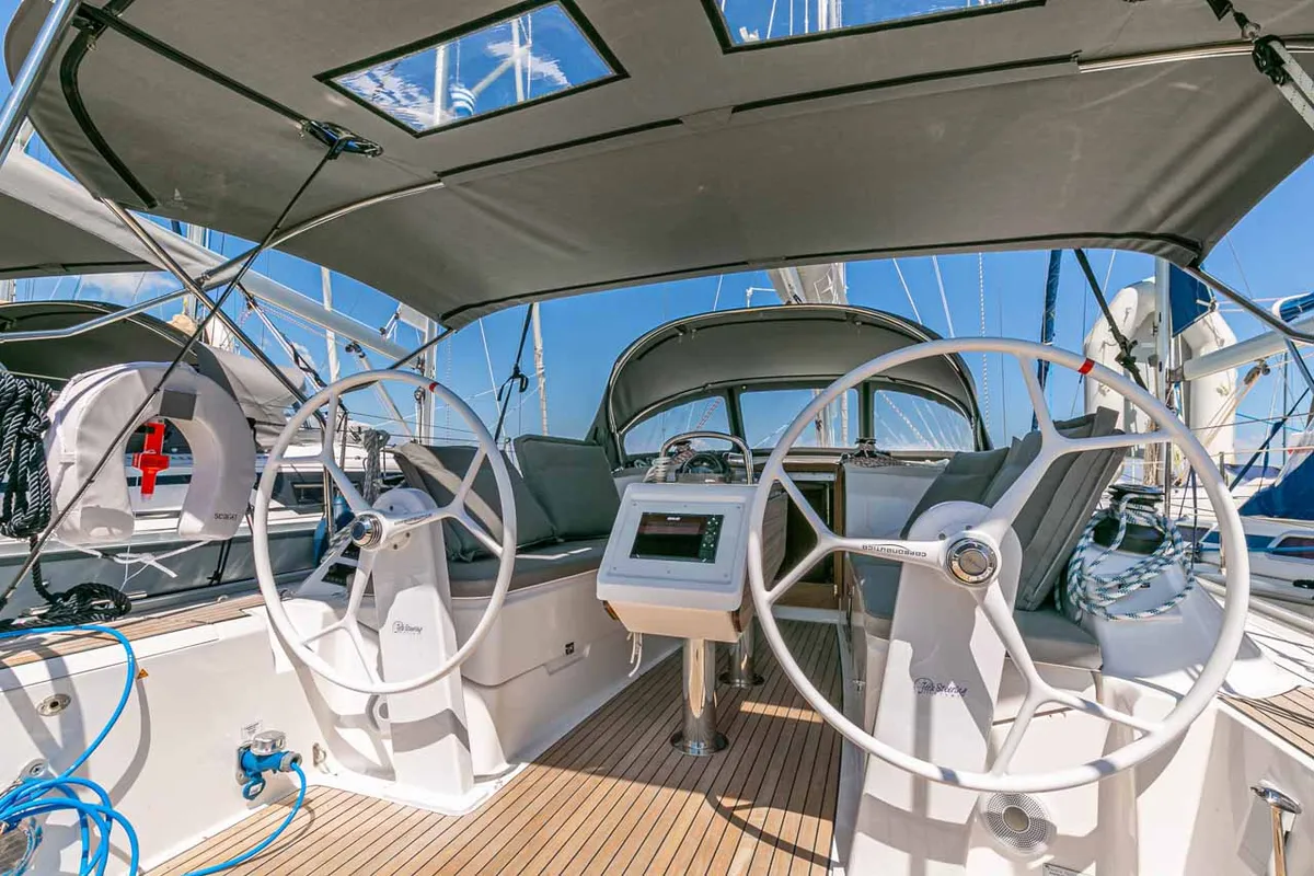 Cockpit of Moonrise, a Bavaria Cruiser 34 sailboat at Municipal Unit of Lefkada, Greece