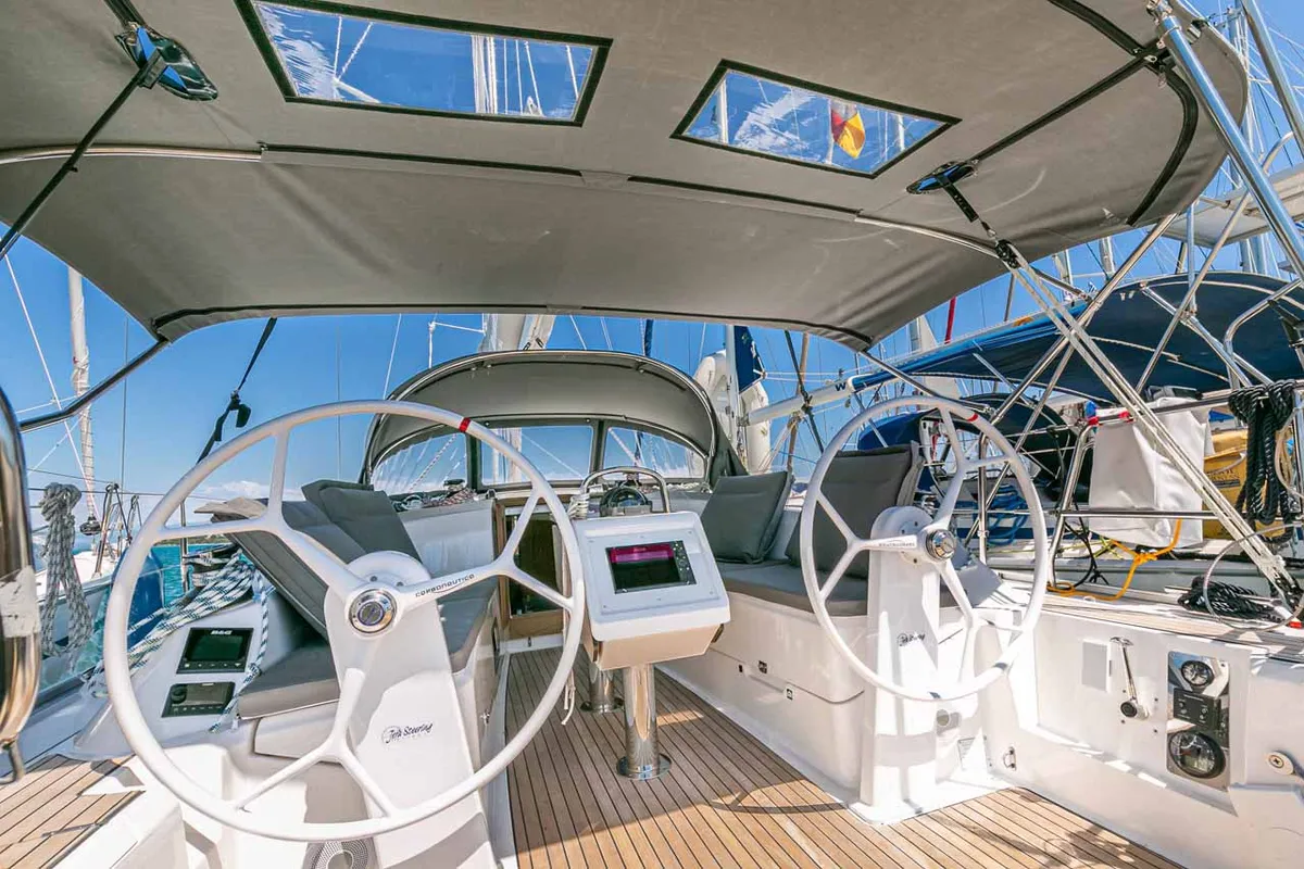 Cockpit of Moonrise, a Bavaria Cruiser 34 sailboat at Municipal Unit of Lefkada, Greece