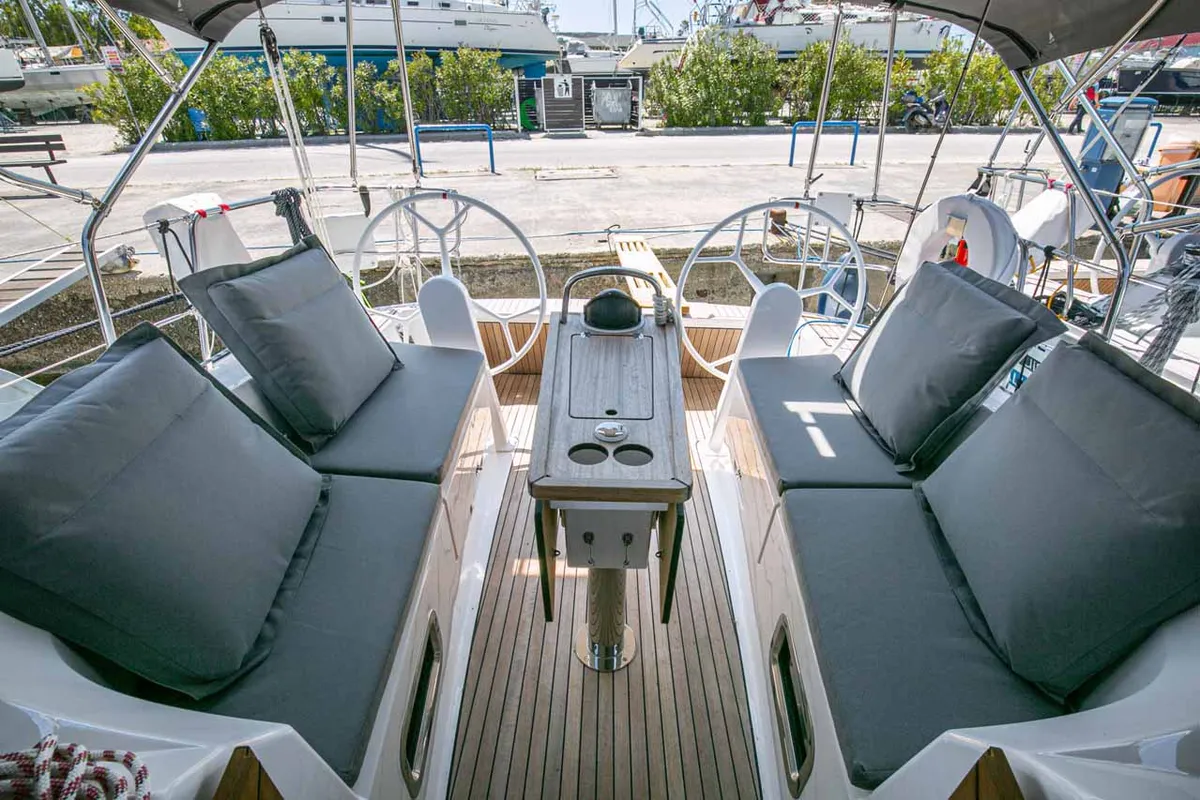Cockpit of Moonrise, a Bavaria Cruiser 34 sailboat at Municipal Unit of Lefkada, Greece