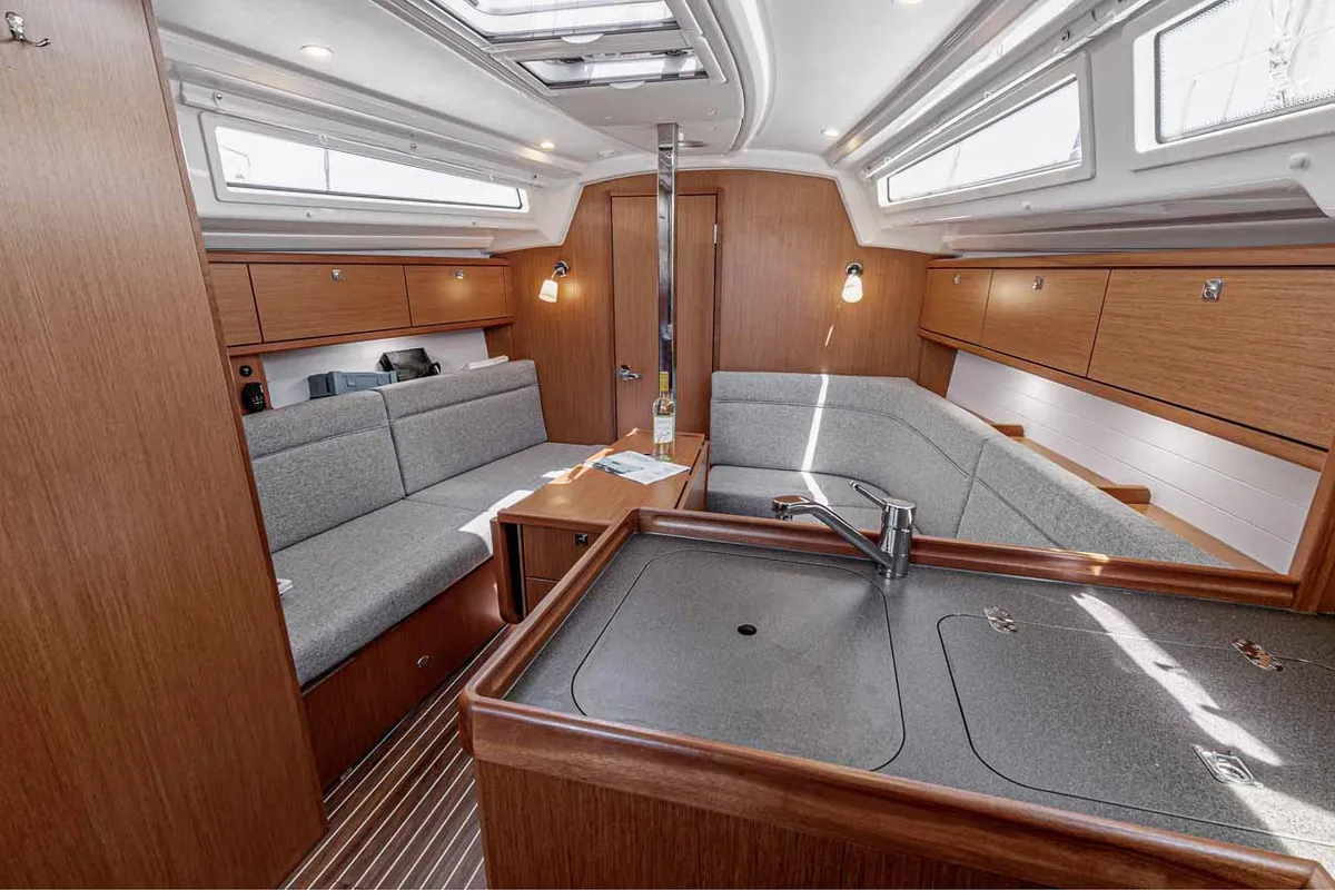Salon of Moonrise, a Bavaria Cruiser 34 sailboat at Municipal Unit of Lefkada, Greece