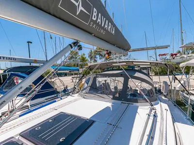 Deck of Moonrise, a Bavaria Cruiser 34 sailboat at Municipal Unit of Lefkada, Greece