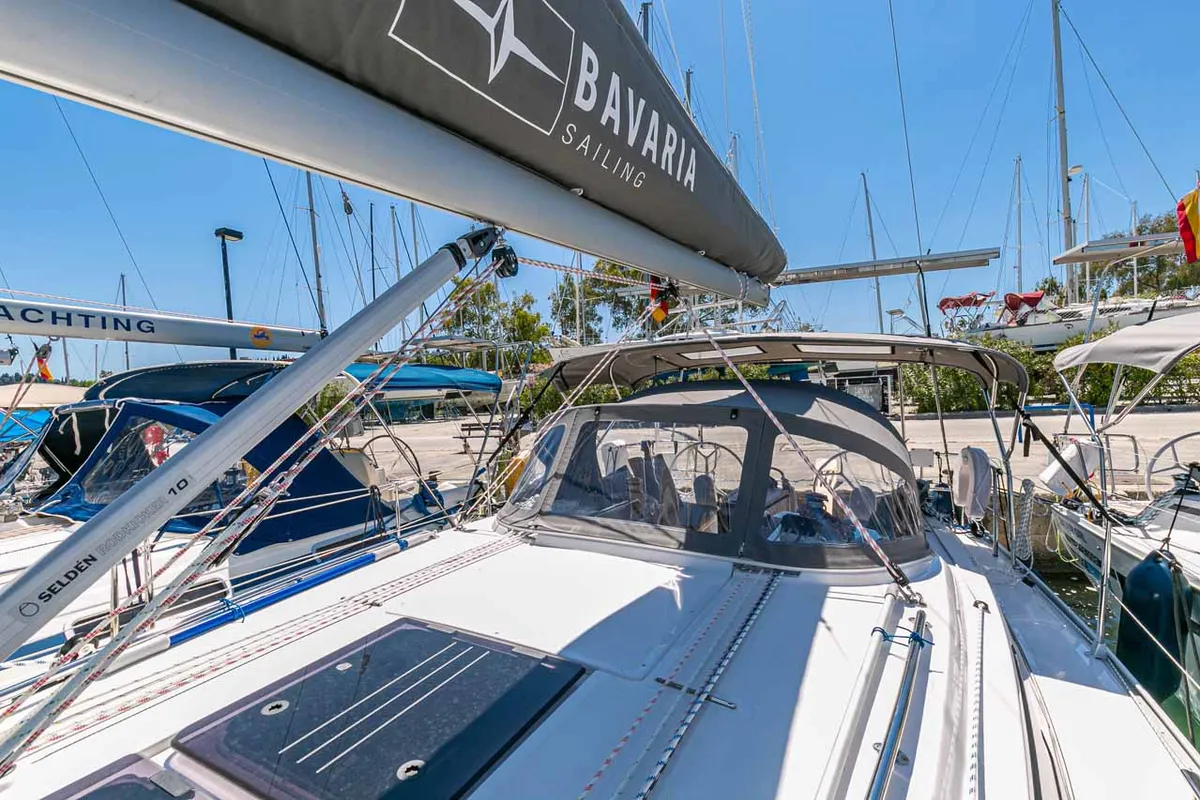 Deck of Moonrise, a Bavaria Cruiser 34 sailboat at Municipal Unit of Lefkada, Greece