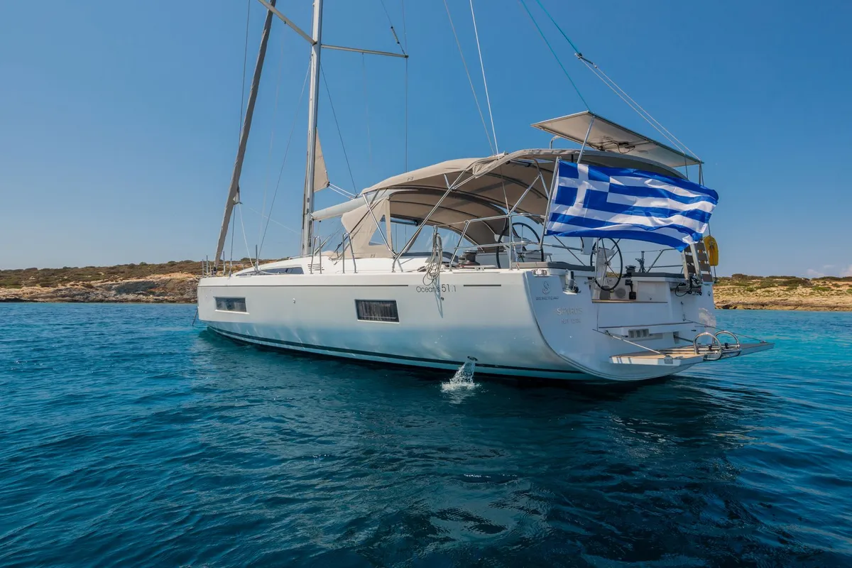 Exterior view of Spyros, a Beneteau Oceanis 51.1 sailboat at Lavreotiki Municipal Unit, Greece