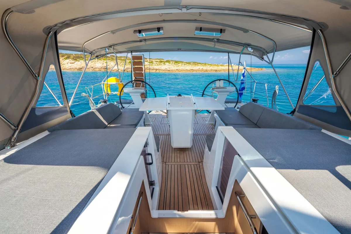 Cockpit of Spyros, a Beneteau Oceanis 51.1 sailboat at Lavreotiki Municipal Unit, Greece