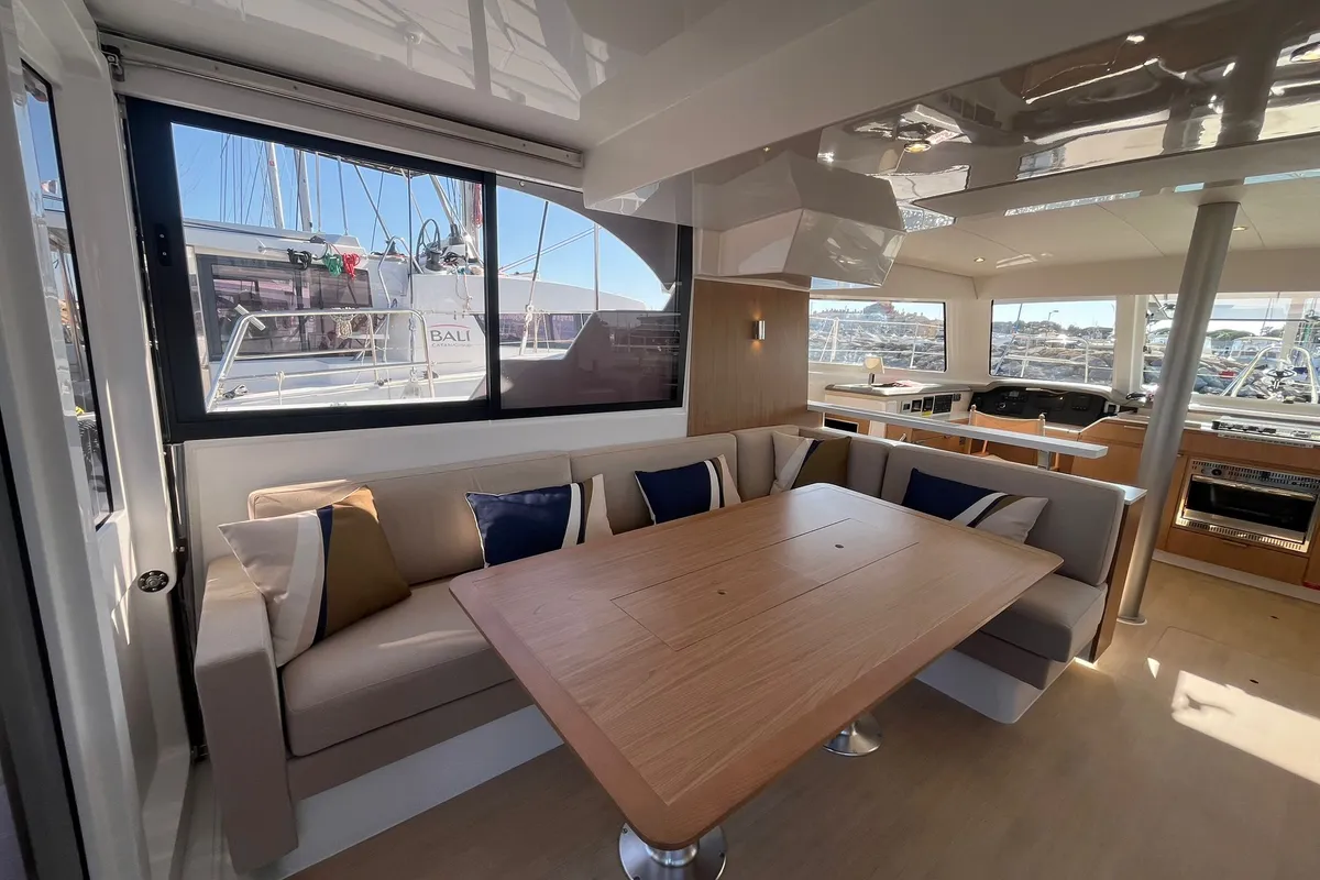 Salon of Go With The Flow, a Bali Catspace OW catamaran at Hyères, France