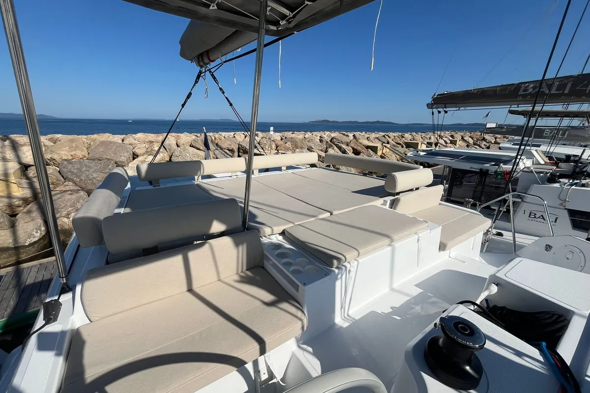 Deck of Go With The Flow, a Bali Catspace OW catamaran at Hyères, France