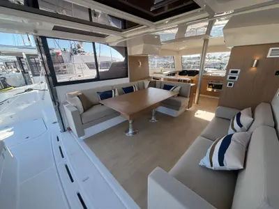 Salon of Go With The Flow, a Bali Catspace OW catamaran at Hyères, France