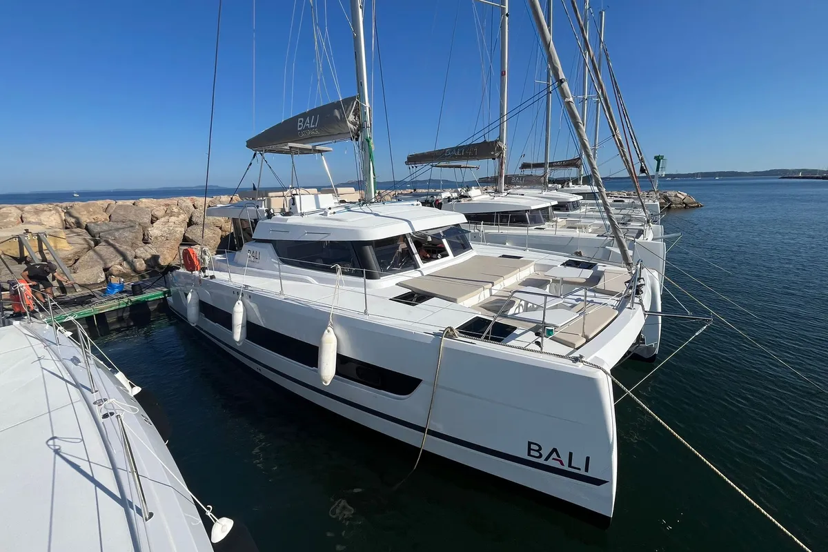 Exterior view of Go With The Flow, a Bali Catspace OW catamaran at Hyères, France