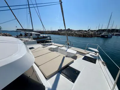 Deck of Go With The Flow, a Bali Catspace OW catamaran at Hyères, France