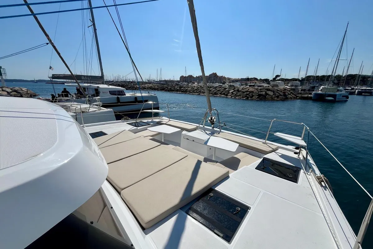 Deck of Go With The Flow, a Bali Catspace OW catamaran at Hyères, France