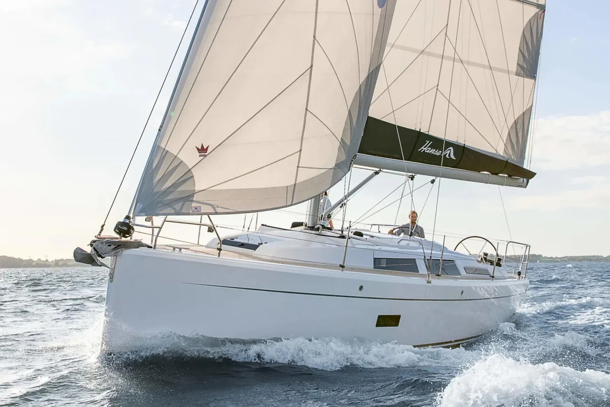 Exterior view of Ursa, a Hanse 348 sailboat at Cogolin, France