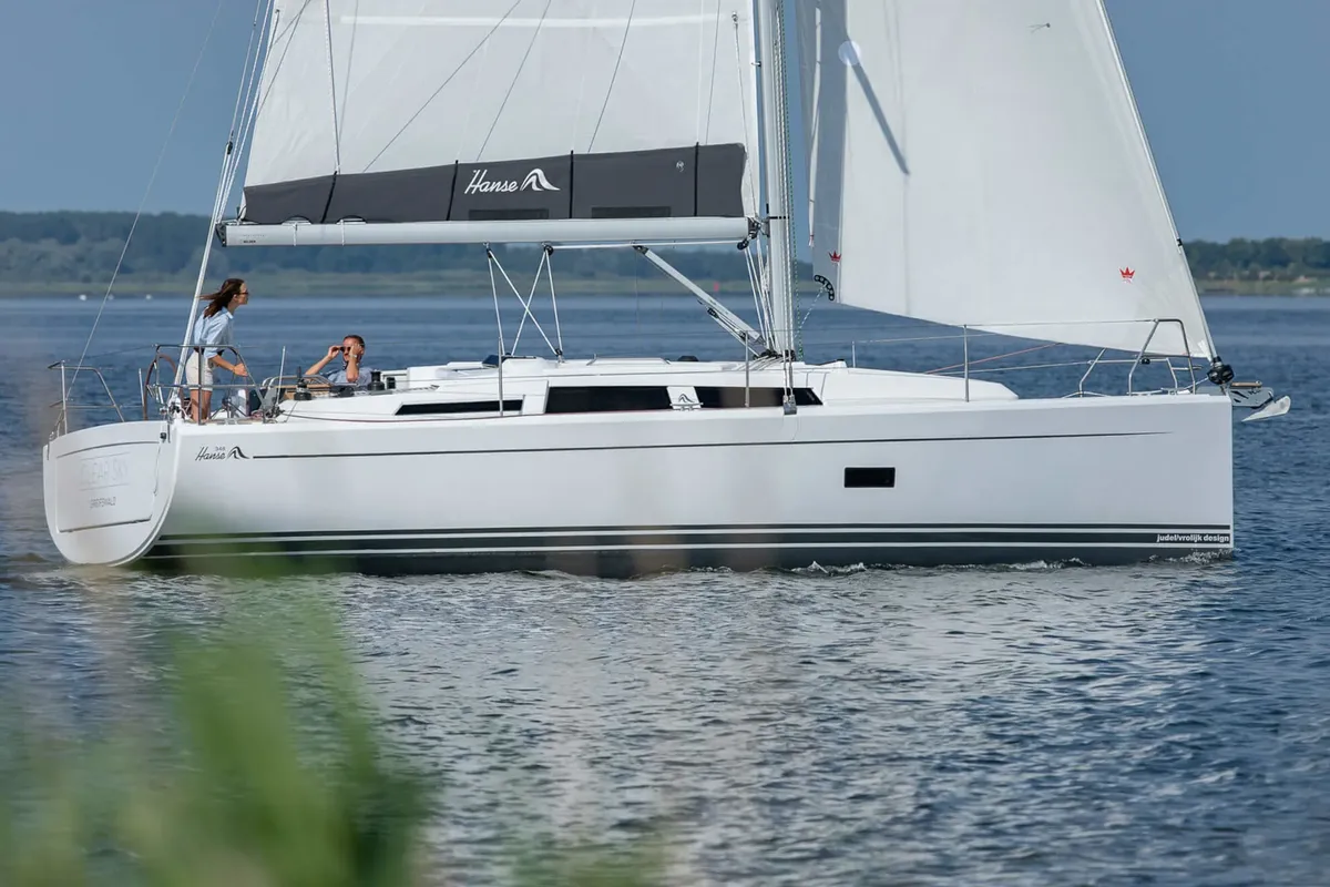 Exterior view of Ursa, a Hanse 348 sailboat at Cogolin, France