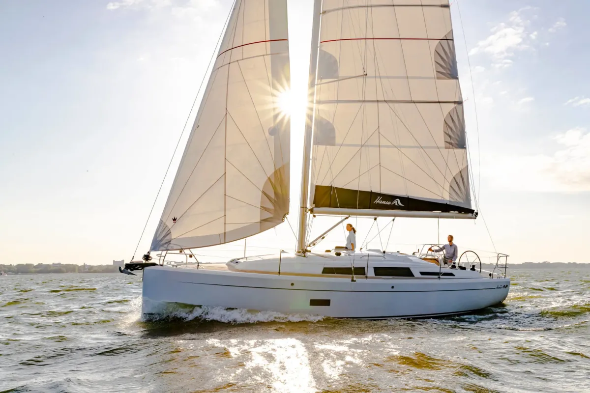 Exterior view of Ursa, a Hanse 348 sailboat at Cogolin, France