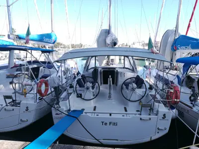 Cockpit of Te Fiti, a Beneteau Oceanis 35 sailboat at Tonnarella, Italy