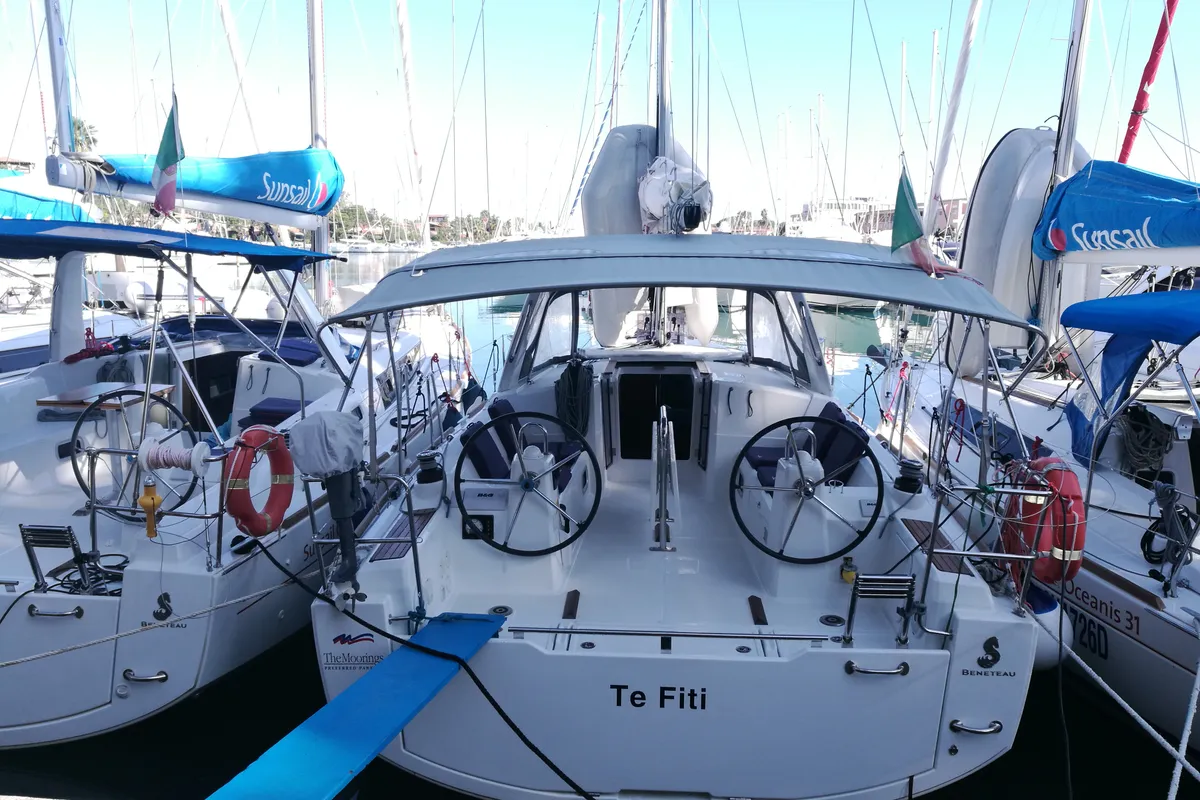 Cockpit of Te Fiti, a Beneteau Oceanis 35 sailboat at Tonnarella, Italy