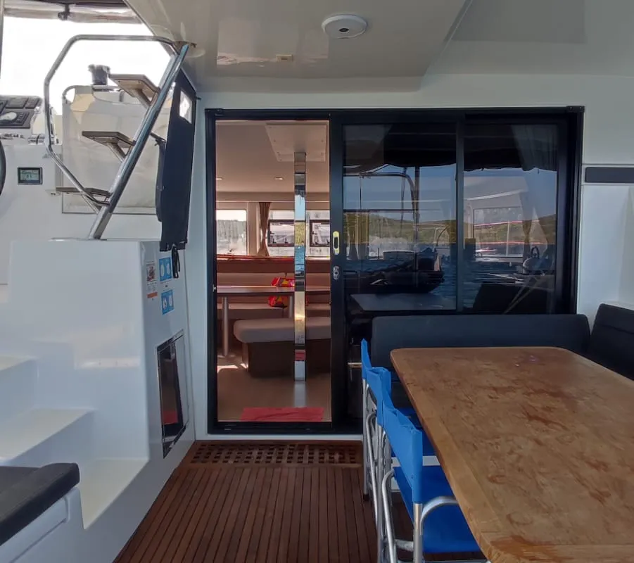 Deck of Loki, a Lagoon 42 catamaran at Piombino, Italy