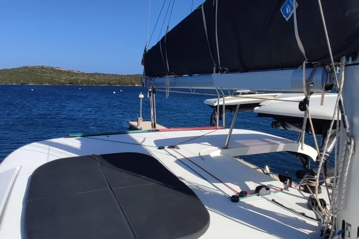 Exterior view of Loki, a Lagoon 42 catamaran at Piombino, Italy