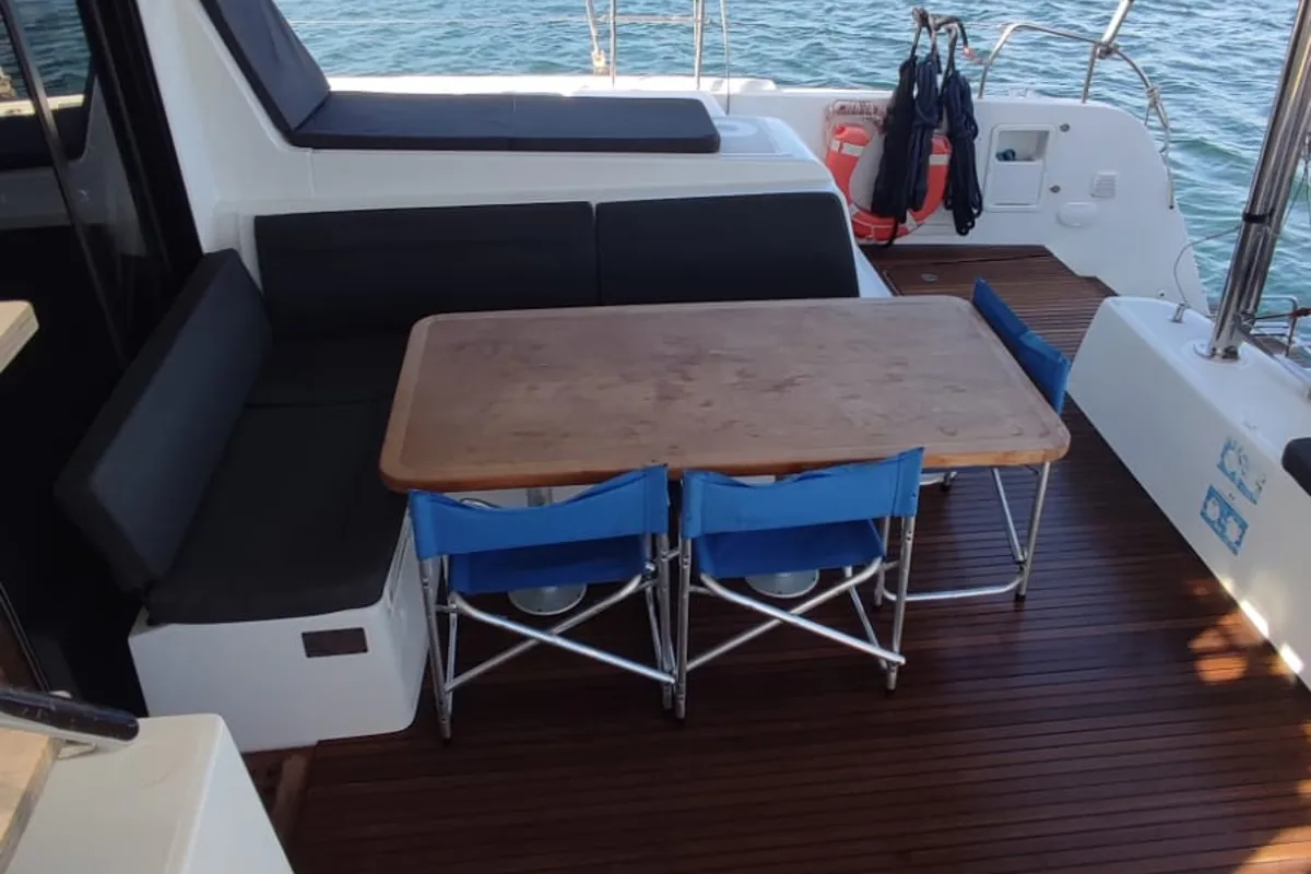 Deck of Loki, a Lagoon 42 catamaran at Piombino, Italy